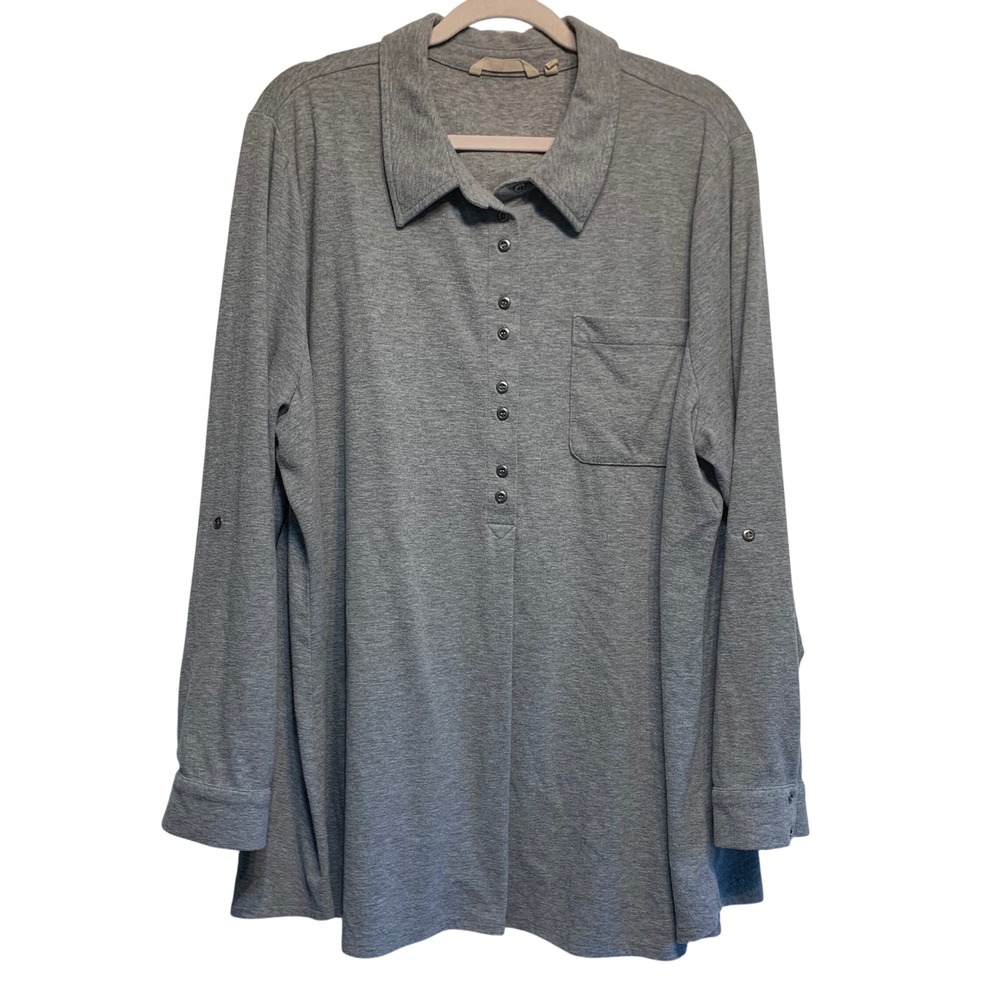 Soft Surroundings Tunic Top 3X Heather Gray Roll Tab Sleeve Knit Casual Hygge